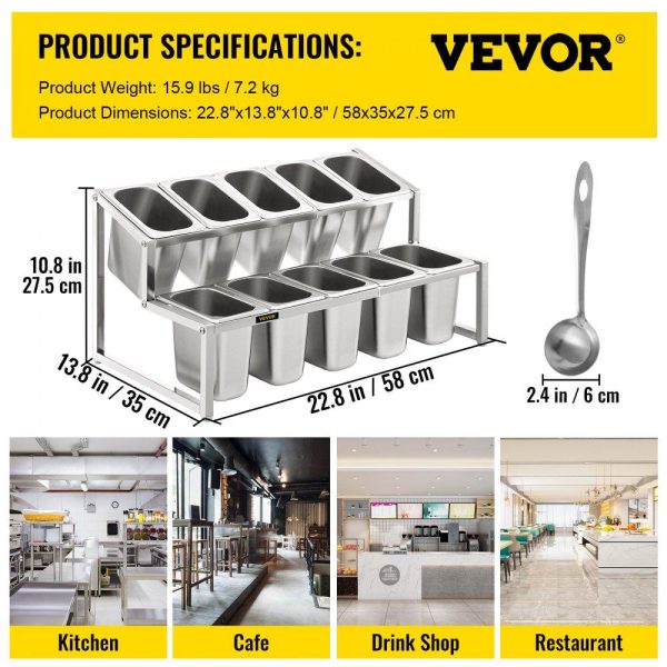 Storage & Organization | Expandable Spice Rack, 13.8″-23.6″ Adjustable, 2-Tier Stainless Steel Organizer Shelf with 10 1/9 Pans 10 Ladles, Countertop Inclined Holder for Sauce Ingredients Fruits, for Kitchen Pantry Use Restaurant & Food Service Storage & Organization