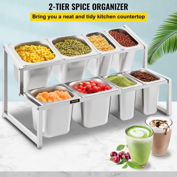 Storage & Organization | Expandable Spice Rack, 13.8″-23.6″ Adjustable, 2-Tier Stainless Steel Organizer Shelf with 4 1/9 Pans 4 1/6 Pan 8 Ladles, Countertop Inclined Holder for Sauce Ingredients Fruits, for Kitchen Use Restaurant & Food Service Storage & Organization