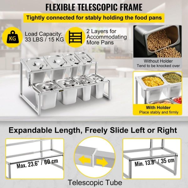 Storage & Organization | Expandable Spice Rack, 13.8″-23.6″ Adjustable, 2-Tier Stainless Steel Organizer Shelf with 4 1/9 Pans 4 1/6 Pan 8 Ladles, Countertop Inclined Holder for Sauce Ingredients Fruits, for Kitchen Use Restaurant & Food Service Storage & Organization