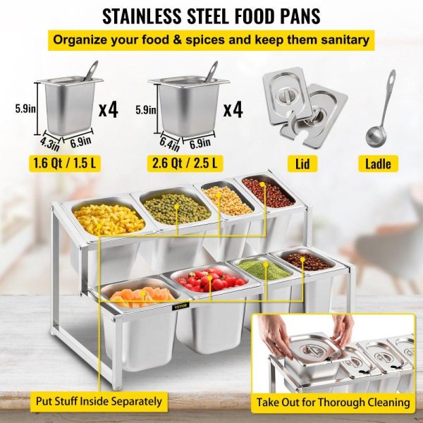 Storage & Organization | Expandable Spice Rack, 13.8″-23.6″ Adjustable, 2-Tier Stainless Steel Organizer Shelf with 4 1/9 Pans 4 1/6 Pan 8 Ladles, Countertop Inclined Holder for Sauce Ingredients Fruits, for Kitchen Use Restaurant & Food Service Storage & Organization