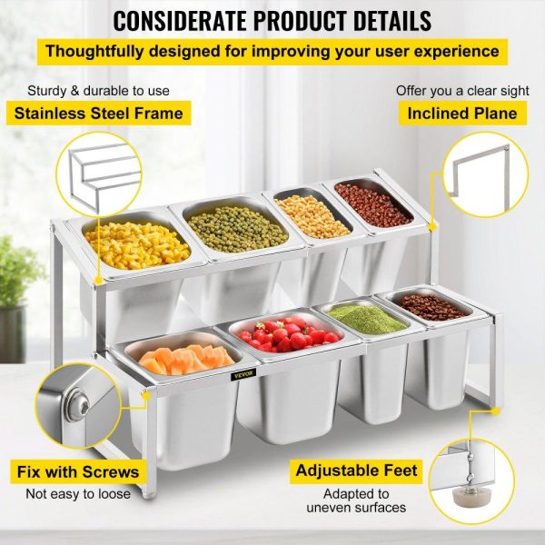 Storage & Organization | Expandable Spice Rack, 13.8″-23.6″ Adjustable, 2-Tier Stainless Steel Organizer Shelf with 4 1/9 Pans 4 1/6 Pan 8 Ladles, Countertop Inclined Holder for Sauce Ingredients Fruits, for Kitchen Use Restaurant & Food Service Storage & Organization