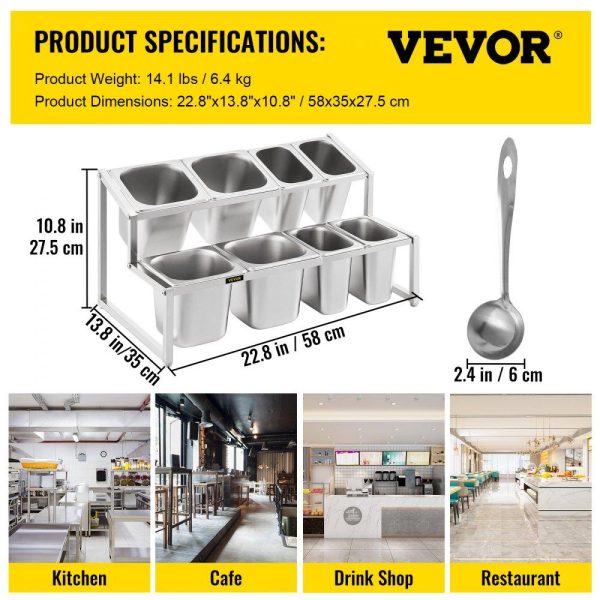 Storage & Organization | Expandable Spice Rack, 13.8″-23.6″ Adjustable, 2-Tier Stainless Steel Organizer Shelf with 4 1/9 Pans 4 1/6 Pan 8 Ladles, Countertop Inclined Holder for Sauce Ingredients Fruits, for Kitchen Use Restaurant & Food Service Storage & Organization