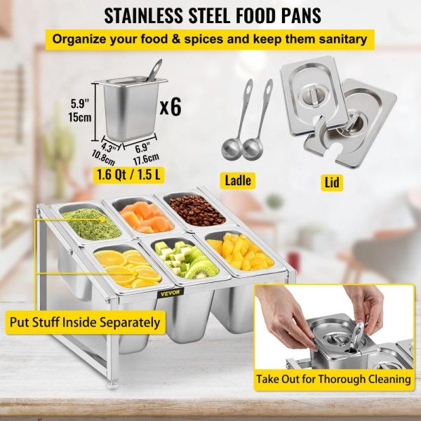 Storage & Organization | Expandable Spice Rack, 13.8″-23.6″ Adjustable, 2-Tier Stainless Steel Organizer Shelf with 6 1/9 Pans 6 Ladles, Countertop Inclined Holder for Sauce Ingredients Fruits, for Kitchen Pantry Use Restaurant & Food Service Storage & Organization