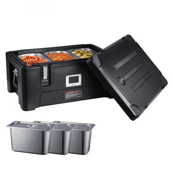 Storage & Organization | Insulated Food Pan Carrier, 36Qt Capacity, Stackable Catering Hot Box w/ 3 Stainless Steel Pans, Top Load LLDPE Food Warmer w/Elastic Side Handles and Buckles, for Restaurant Canteen, Black Restaurant & Food Service Storage & Organization