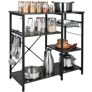 Storage & Organization | Kitchen Baker’s Rack, 5-Tier Industrial Microwave Stand with Hutch & 8 S-Shaped Hooks, Multifunctional Coffee Station Organizer with Utility Storage Shelf for Kitchen, Living Room, Dark Gray Restaurant & Food Service Storage & Organization