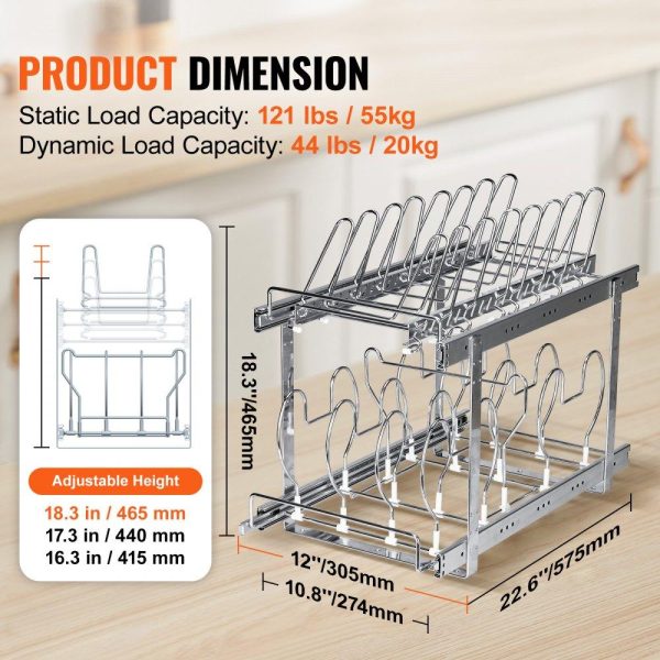 Storage & Organization | Pan and Pot Rack, 2-Tier Expandable Pull Out Under Cabinet Organizer, Cookie Sheet Baking Pans Tray Racks, Adjustable Wire Dividers, Steel Lid Holder for Kitchen Cabinet & Pantry Storage, 12″W Restaurant & Food Service Storage & Organization