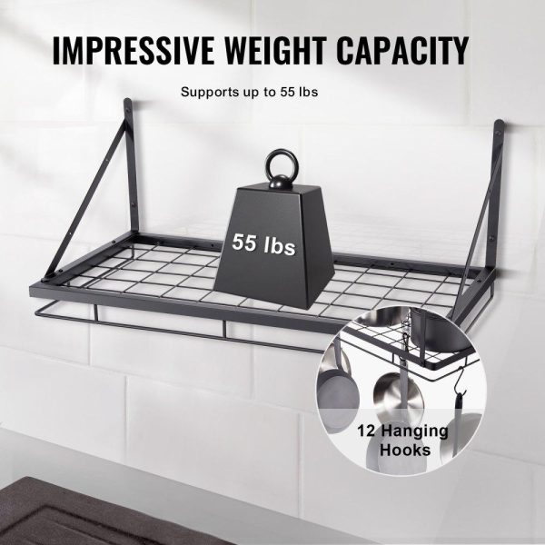 Storage & Organization | Pot Rack Wall Mounted, 24 inch Pot and Pan Hanging Rack, Pot and Pan Hanger with 12 S Hooks, 55 lbs Loading Weight, Ideal for Pans, Utensils, Cookware in Kitchen Restaurant & Food Service Storage & Organization