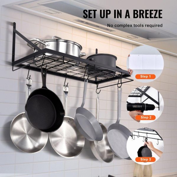 Storage & Organization | Pot Rack Wall Mounted, 24 inch Pot and Pan Hanging Rack, Pot and Pan Hanger with 12 S Hooks, 55 lbs Loading Weight, Ideal for Pans, Utensils, Cookware in Kitchen Restaurant & Food Service Storage & Organization