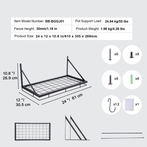 Storage & Organization | Pot Rack Wall Mounted, 24 inch Pot and Pan Hanging Rack, Pot and Pan Hanger with 12 S Hooks, 55 lbs Loading Weight, Ideal for Pans, Utensils, Cookware in Kitchen Restaurant & Food Service Storage & Organization