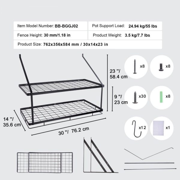 Storage & Organization | Pot Rack Wall Mounted, 30 inch Pot and Pan Hanging Rack, Pot and Pan Hanger with 12 S Hooks, 55 lbs Loading Weight, Ideal for Pans, Utensils, Cookware in Kitchen Restaurant & Food Service Storage & Organization