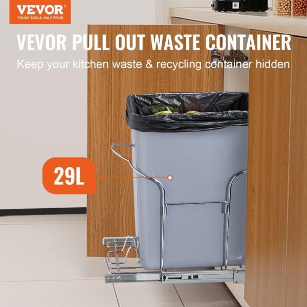 Storage & Organization | Pull-Out Trash Can, 29L Single Bin, Under Mount Kitchen Waste Container with Slide and Handle, 110 lbs Load Capacity Heavy Duty Garbage Recycling Bin for Kitchen Cabinet, Sink, Under Counter Restaurant & Food Service Storage & Organization