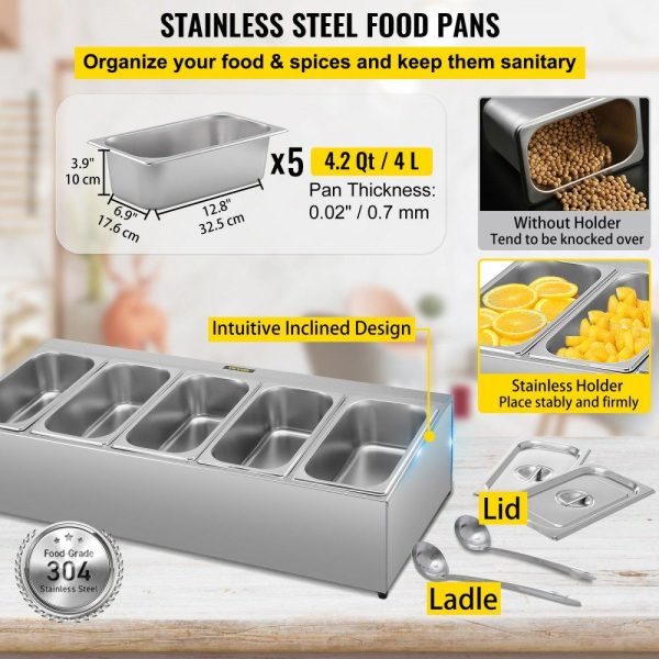 Storage & Organization | Spice Rack Shelf, One Row, Stainless Steel Organizer Stand with Five 1/3 Pans and Five Ladles, Countertop Inclined Holder for Seasoning Sauce Jam Fruits Ingredients, for Kitchen Pantry Use Restaurant & Food Service Storage & Organization