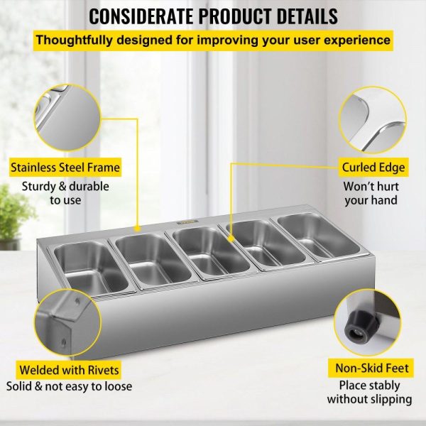 Storage & Organization | Spice Rack Shelf, One Row, Stainless Steel Organizer Stand with Five 1/3 Pans and Five Ladles, Countertop Inclined Holder for Seasoning Sauce Jam Fruits Ingredients, for Kitchen Pantry Use Restaurant & Food Service Storage & Organization