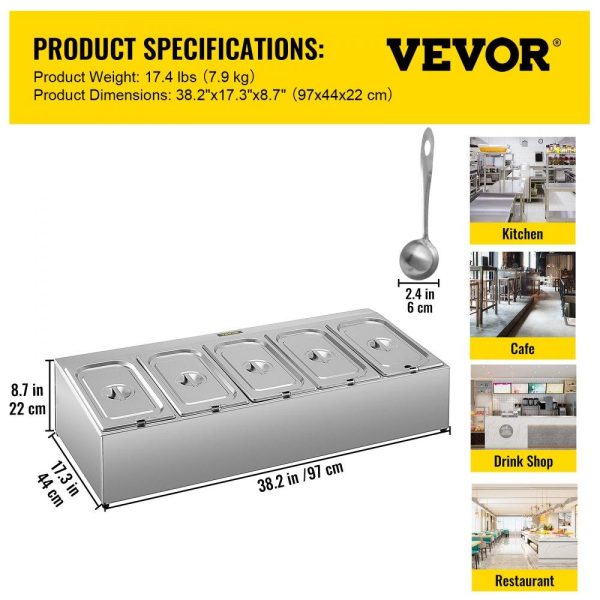 Storage & Organization | Spice Rack Shelf, One Row, Stainless Steel Organizer Stand with Five 1/3 Pans and Five Ladles, Countertop Inclined Holder for Seasoning Sauce Jam Fruits Ingredients, for Kitchen Pantry Use Restaurant & Food Service Storage & Organization