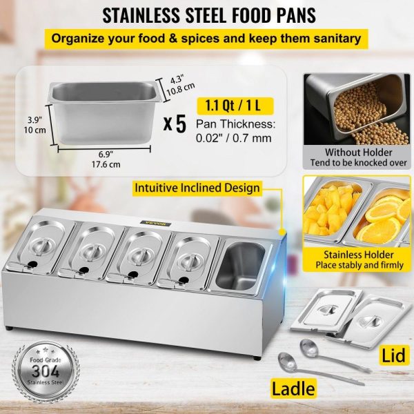 Storage & Organization | Spice Rack Shelf, One Row, Stainless Steel Organizer Stand with Five 1/9 Pans and Five Ladles, Countertop Inclined Holder for Seasoning Sauce Jam Fruits Ingredients, for Kitchen Pantry Use Restaurant & Food Service Storage & Organization