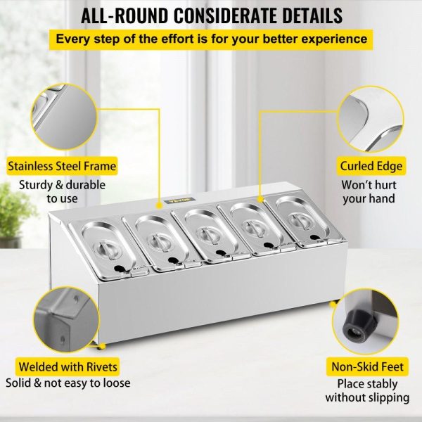 Storage & Organization | Spice Rack Shelf, One Row, Stainless Steel Organizer Stand with Five 1/9 Pans and Five Ladles, Countertop Inclined Holder for Seasoning Sauce Jam Fruits Ingredients, for Kitchen Pantry Use Restaurant & Food Service Storage & Organization