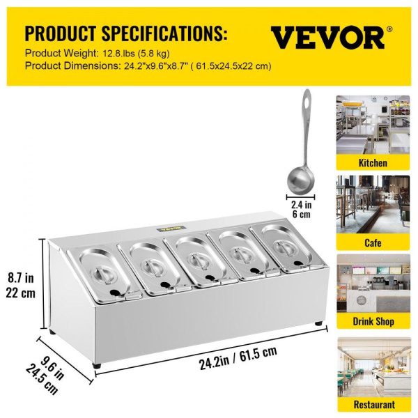 Storage & Organization | Spice Rack Shelf, One Row, Stainless Steel Organizer Stand with Five 1/9 Pans and Five Ladles, Countertop Inclined Holder for Seasoning Sauce Jam Fruits Ingredients, for Kitchen Pantry Use Restaurant & Food Service Storage & Organization