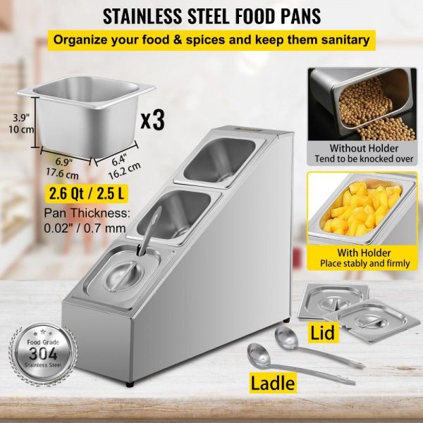 Storage & Organization | Spice Rack Shelf, Three Rows, Stainless Steel Organizer Stand with Three 1/6 Pans and Three Ladles, Countertop Inclined Holder for Seasoning Sauce Jam Fruits Ingredients, for Kitchen Pantry Use Restaurant & Food Service Storage & Organization