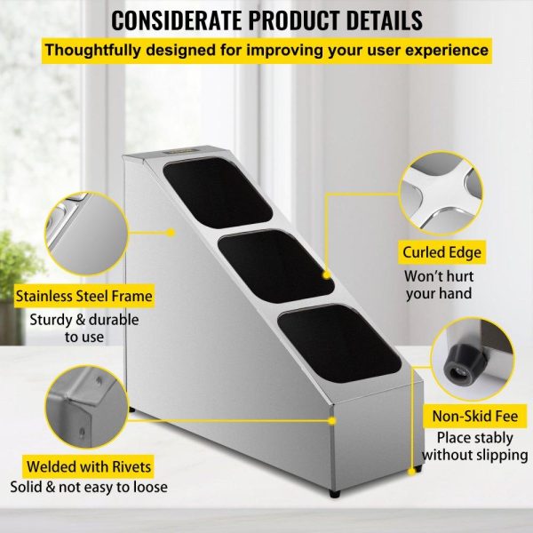 Storage & Organization | Spice Rack Shelf, Three Rows, Stainless Steel Organizer Stand with Three 1/6 Pans and Three Ladles, Countertop Inclined Holder for Seasoning Sauce Jam Fruits Ingredients, for Kitchen Pantry Use Restaurant & Food Service Storage & Organization