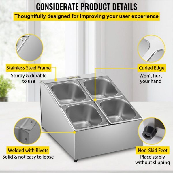 Storage & Organization | Spice Rack Shelf, Two Rows, Stainless Steel Organizer Stand with Four 1/6 Pans and Four Ladles, Countertop Inclined Holder for Seasoning Sauce Jam Fruits Ingredients, for Kitchen Pantry Use Restaurant & Food Service Storage & Organization