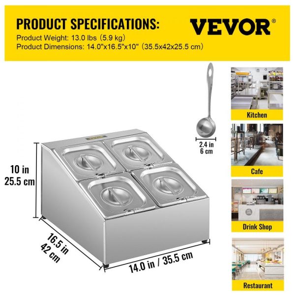 Storage & Organization | Spice Rack Shelf, Two Rows, Stainless Steel Organizer Stand with Four 1/6 Pans and Four Ladles, Countertop Inclined Holder for Seasoning Sauce Jam Fruits Ingredients, for Kitchen Pantry Use Restaurant & Food Service Storage & Organization