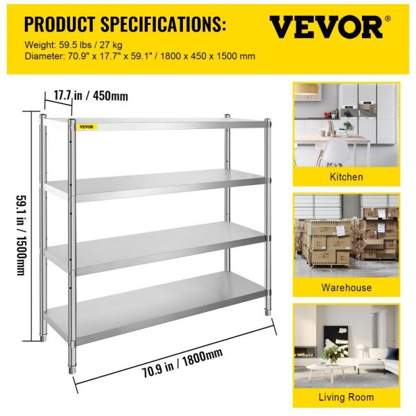 Storage & Organization | Storage Shelf, 4-Tier Stainless Steel Shelving, Storage Shelving Unit, 70.9 x 17.7 x 59.1 Inch Heavy Duty Storage Rack Shelving, 1320 Lbs Total Capacity with Adjustable Height Restaurant & Food Service Storage & Organization