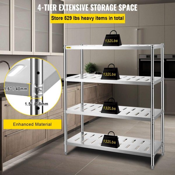 Storage & Organization | Storage Shelf, 4-Tier Storage Shelving Unit, Stainless Steel Garage Shelf, 47.2 x 17.7 x 61 inch Heavy Duty Storage Shelving, 529 Lbs Total Capacity with Adjustable Height and Vent Holes Restaurant & Food Service Storage & Organization