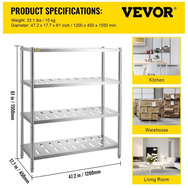 Storage & Organization | Storage Shelf, 4-Tier Storage Shelving Unit, Stainless Steel Garage Shelf, 47.2 x 17.7 x 61 inch Heavy Duty Storage Shelving, 529 Lbs Total Capacity with Adjustable Height and Vent Holes Restaurant & Food Service Storage & Organization