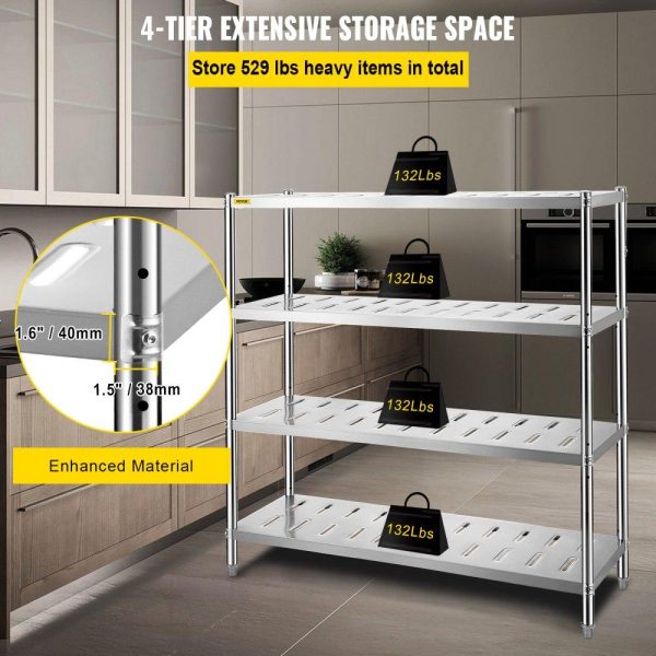 Storage & Organization | Storage Shelf, 4-Tier Storage Shelving Unit, Stainless Steel Garage Shelf, 59.1 x 17.7 x 61 inch Heavy Duty Storage Shelving, 529 Lbs Total Capacity with Adjustable Height and Vent Holes Restaurant & Food Service Storage & Organization