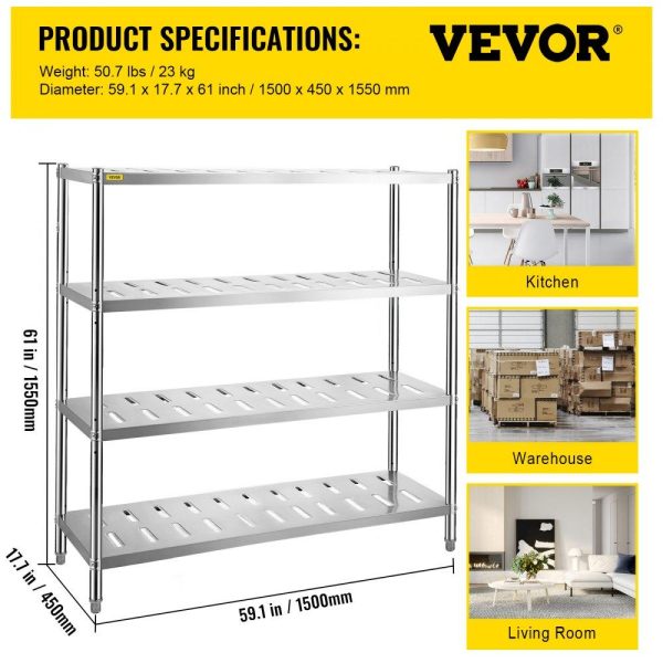 Storage & Organization | Storage Shelf, 4-Tier Storage Shelving Unit, Stainless Steel Garage Shelf, 59.1 x 17.7 x 61 inch Heavy Duty Storage Shelving, 529 Lbs Total Capacity with Adjustable Height and Vent Holes Restaurant & Food Service Storage & Organization