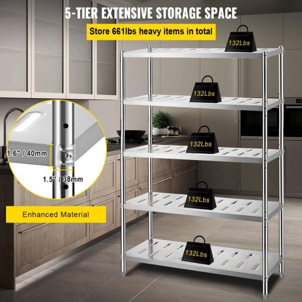 Storage & Organization | Storage Shelf, 5-Tier Storage Shelving Unit, Stainless Steel Garage Shelf, 47.2 x 17.7 x 70.9 inch Heavy Duty Storage Shelving, 661 Lbs Total Capacity with Adjustable Height and Vent Holes Restaurant & Food Service Storage & Organization