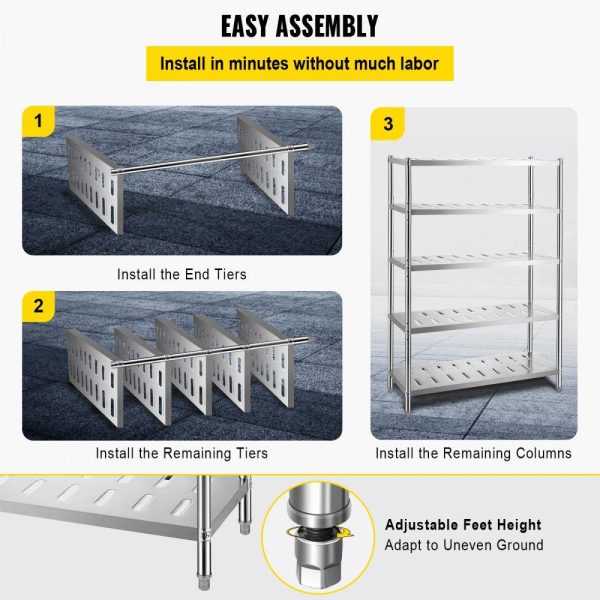 Storage & Organization | Storage Shelf, 5-Tier Storage Shelving Unit, Stainless Steel Garage Shelf, 47.2 x 17.7 x 70.9 inch Heavy Duty Storage Shelving, 661 Lbs Total Capacity with Adjustable Height and Vent Holes Restaurant & Food Service Storage & Organization