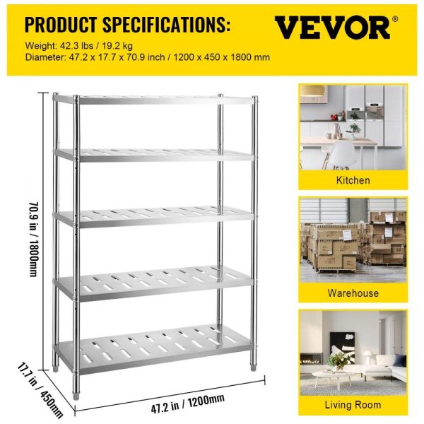 Storage & Organization | Storage Shelf, 5-Tier Storage Shelving Unit, Stainless Steel Garage Shelf, 47.2 x 17.7 x 70.9 inch Heavy Duty Storage Shelving, 661 Lbs Total Capacity with Adjustable Height and Vent Holes Restaurant & Food Service Storage & Organization