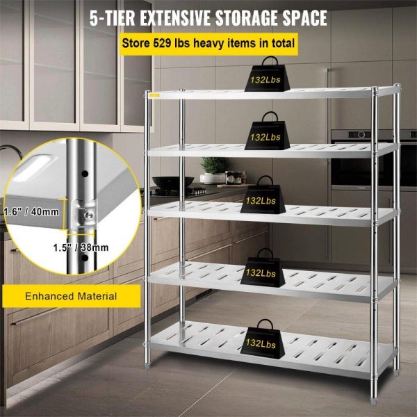 Storage & Organization | Storage Shelf, 5-Tier Storage Shelving Unit, Stainless Steel Garage Shelf, 59.1 x 17.7 x 70.9 inch Heavy Duty Storage Shelving, 661 Lbs Total Capacity with Adjustable Height and Vent Holes Restaurant & Food Service Storage & Organization