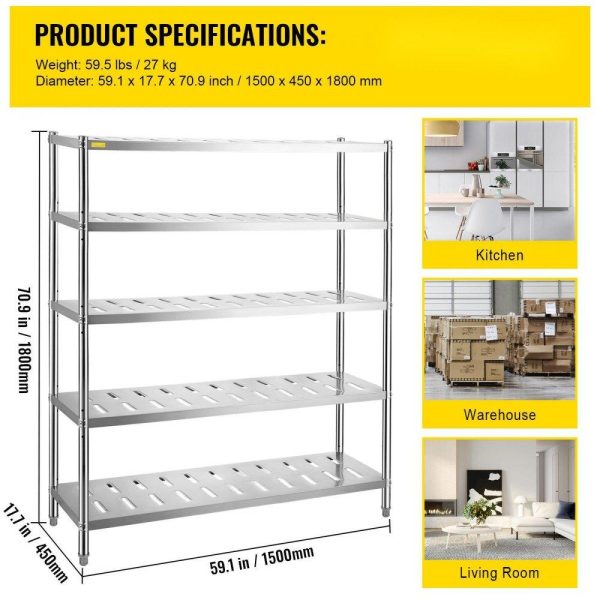 Storage & Organization | Storage Shelf, 5-Tier Storage Shelving Unit, Stainless Steel Garage Shelf, 59.1 x 17.7 x 70.9 inch Heavy Duty Storage Shelving, 661 Lbs Total Capacity with Adjustable Height and Vent Holes Restaurant & Food Service Storage & Organization