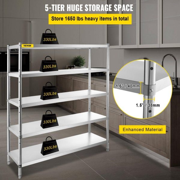 Storage & Organization | Storage Shelf, 5-Tier Storage Shelving Unit, Stainless Steel Garage Shelf, 70.9 x 17.7 x 70.9 inch Heavy Duty Storage Shelving, 1650 Lbs Total Capacity with Adjustable Height Restaurant & Food Service Storage & Organization