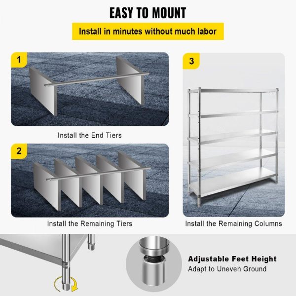 Storage & Organization | Storage Shelf, 5-Tier Storage Shelving Unit, Stainless Steel Garage Shelf, 70.9 x 17.7 x 70.9 inch Heavy Duty Storage Shelving, 1650 Lbs Total Capacity with Adjustable Height Restaurant & Food Service Storage & Organization