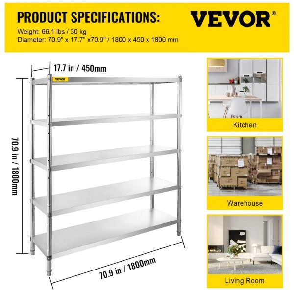 Storage & Organization | Storage Shelf, 5-Tier Storage Shelving Unit, Stainless Steel Garage Shelf, 70.9 x 17.7 x 70.9 inch Heavy Duty Storage Shelving, 1650 Lbs Total Capacity with Adjustable Height Restaurant & Food Service Storage & Organization