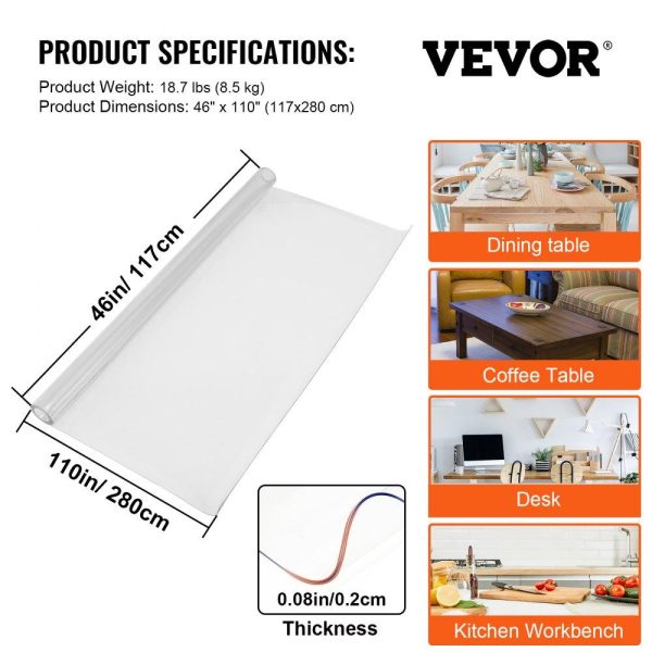 Tabletop | 110 x 46 Inch Clear Table Cover Protector, 2mm Thick Clear Desk Protector Table Pads, Plastic Tablecloth Table Protector for Dining Room Table Restaurant & Food Service Tabletop