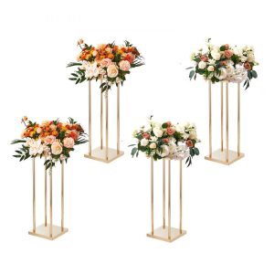 Venue Decoration | 4PCS Gold Metal Column Wedding Flower Stand, 23.6inch High With Metal Laminate, Vase Geometric Centerpiece Stands, Cylindrical Floral Display Rack for Events Reception, Party Road Leads Restaurant & Food Service Venue Decoration