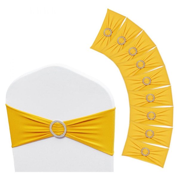 Venue Decoration | Stretch Spandex Chair Sashes, Chair Slipcover and Stretch Chair Sash with Round Buckle, Elastic Chair Bands, Fitting Wedding, Holiday, Banquet, Party Chair Decoration (100 PCS Golden Yellow) Golden Restaurant & Food Service Golden