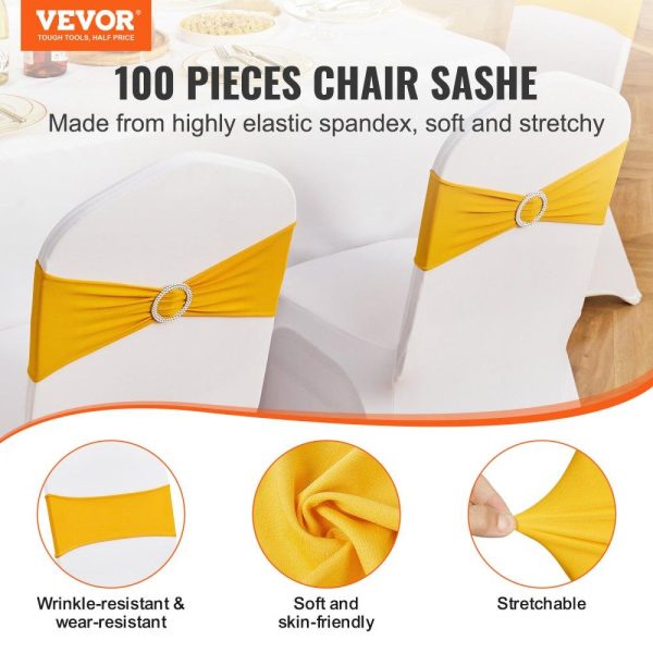 Venue Decoration | Stretch Spandex Chair Sashes, Chair Slipcover and Stretch Chair Sash with Round Buckle, Elastic Chair Bands, Fitting Wedding, Holiday, Banquet, Party Chair Decoration (100 PCS Golden Yellow) Golden Restaurant & Food Service Golden