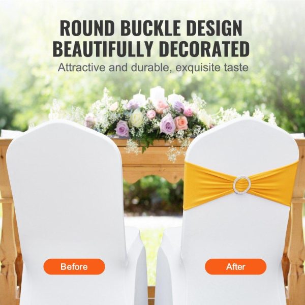 Venue Decoration | Stretch Spandex Chair Sashes, Chair Slipcover and Stretch Chair Sash with Round Buckle, Elastic Chair Bands, Fitting Wedding, Holiday, Banquet, Party Chair Decoration (100 PCS Golden Yellow) Golden Restaurant & Food Service Golden