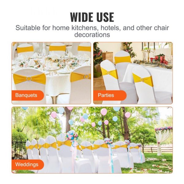 Venue Decoration | Stretch Spandex Chair Sashes, Chair Slipcover and Stretch Chair Sash with Round Buckle, Elastic Chair Bands, Fitting Wedding, Holiday, Banquet, Party Chair Decoration (100 PCS Golden Yellow) Golden Restaurant & Food Service Golden