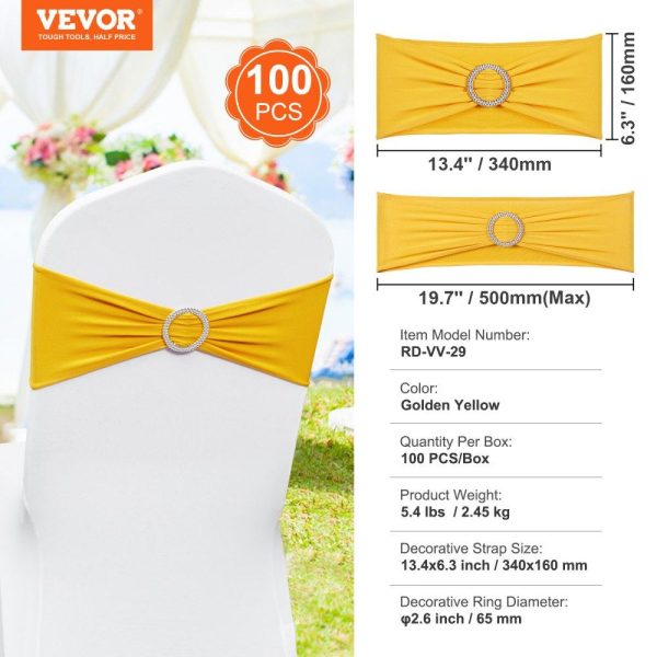 Venue Decoration | Stretch Spandex Chair Sashes, Chair Slipcover and Stretch Chair Sash with Round Buckle, Elastic Chair Bands, Fitting Wedding, Holiday, Banquet, Party Chair Decoration (100 PCS Golden Yellow) Golden Restaurant & Food Service Golden