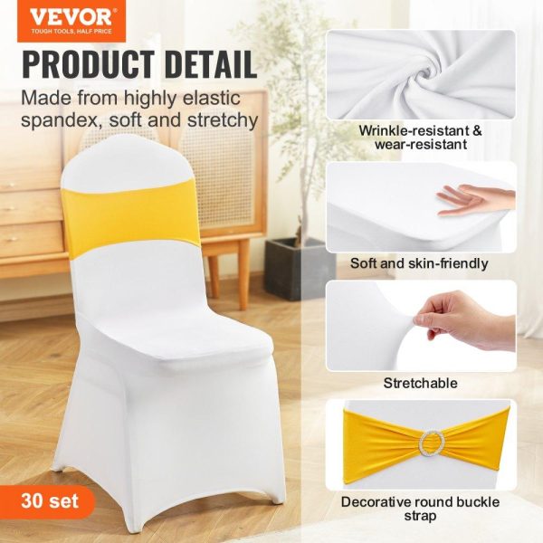 Venue Decoration | Stretch Spandex Folding Chair Covers, Universal Fitted Chair Cover with Chair Sashes, Removable Washable Protective Slipcovers, for Wedding, Holiday, Banquet, Party, Dining (30 Set Gold & White) Gold & White Restaurant & Food Service Gold & White