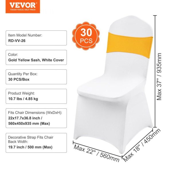 Venue Decoration | Stretch Spandex Folding Chair Covers, Universal Fitted Chair Cover with Chair Sashes, Removable Washable Protective Slipcovers, for Wedding, Holiday, Banquet, Party, Dining (30 Set Gold & White) Gold & White Restaurant & Food Service Gold & White