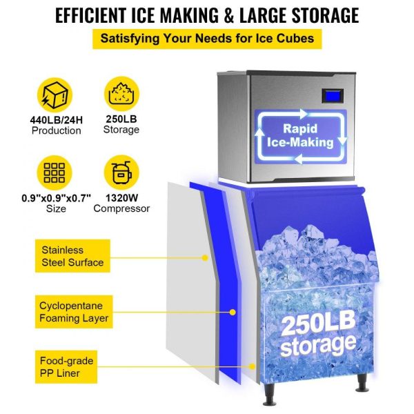 Refrigeration & Ice Equipment | 110V Commercial Ice Maker 440LB/24H, Industrial Modular Stainless Steel Ice Machine with 250LB Large Storage Bin, 234PCS Ice Cubes Ready in 8-15 Mins, Professional Refrigeration Equipment Refrigeration & Ice Equipment Refrigeration & Ice Equipment