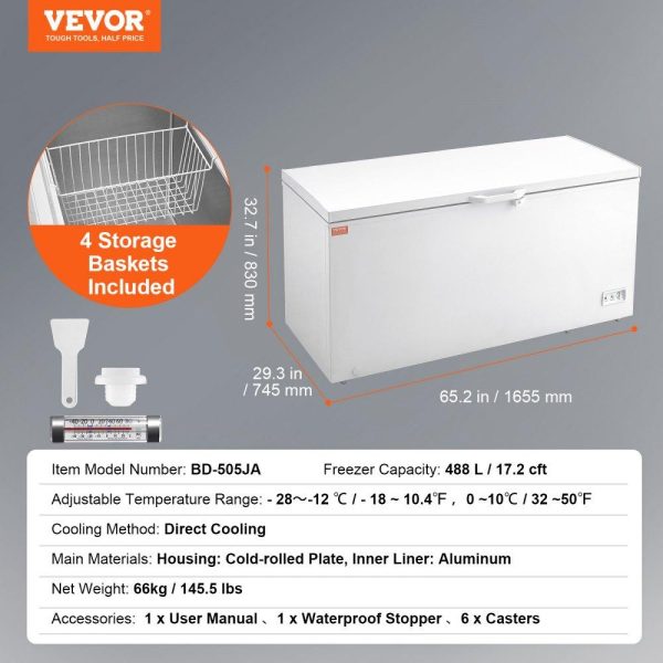 Refrigeration & Ice Equipment | Chest Freezer, 17.2 Cu.ft / 488 L Large Deep Freezer & 4 Removable Baskets, Freestanding Top Open Door Commercial Chest Freezers with Locking Lid, 7-Level Adjustable Temp, LED Lighting, 6 Wheels Refrigeration & Ice Equipment Refrigeration & Ice Equipment