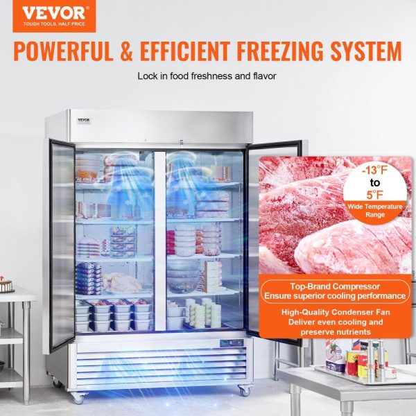 Refrigeration & Ice Equipment | Commercial Freezer 44.21 Cu.ft, Reach In 54.4″ W Upright Freezer 2 Doors, Auto-Defrost Stainless Steel Reach-in Freezer with 8 Adjustable Shelves, -13 to 5℉ Temp Control, LED Lighting, 4 Wheels Refrigeration & Ice Equipment Refrigeration & Ice Equipment